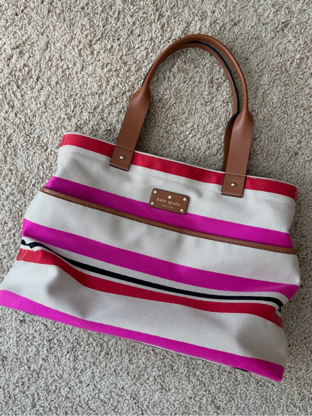 kate spade Pink, Red and White Striped Canvas Tote with Tan Handles